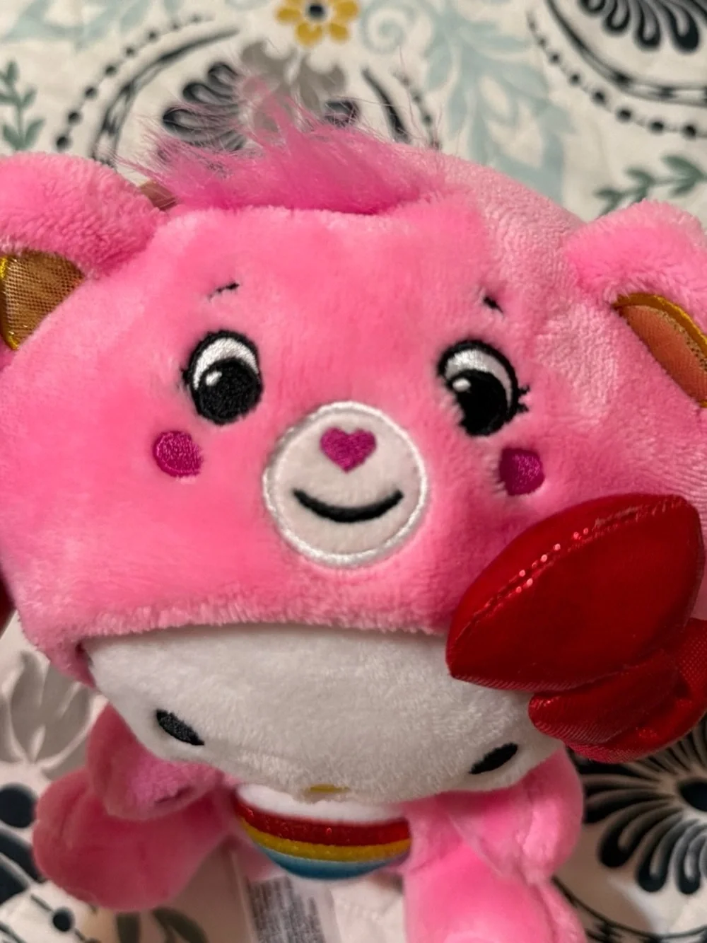 Care Bears x Hello Kitty Pink Bear Plush with Rainbow Belly and Red Bow